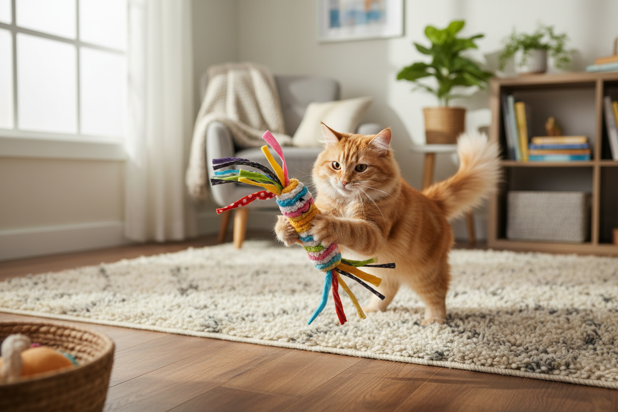 chat heureux jouant avec une peluche pour chat colorée ambiance joyeuse intérieur cosy style photo réaliste image attrayante pour boutique shopify